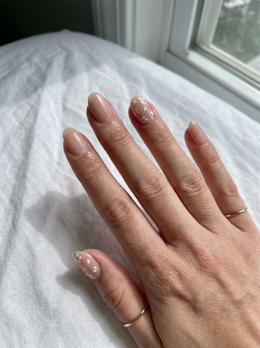 White Flower Nails mit feinen weißen Blüten auf Nude Basis